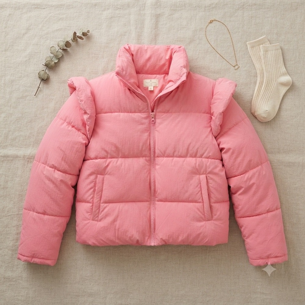 Simply Southern Puffy Jacket Women XS/S Pink Ruffle Shoulder Quilted Puffer Coat